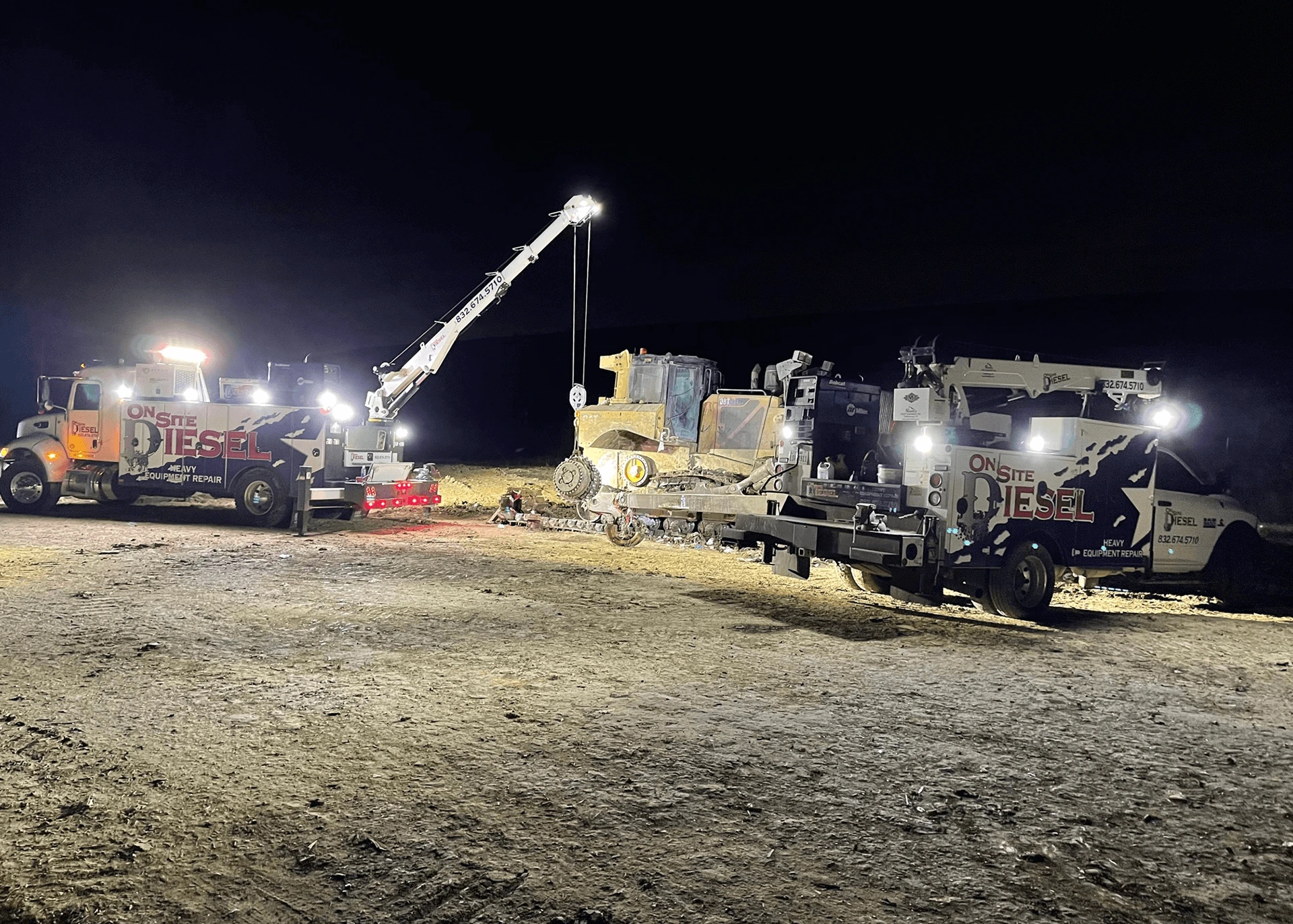 Night scene of Summit service truck repairing equipment in Texas
